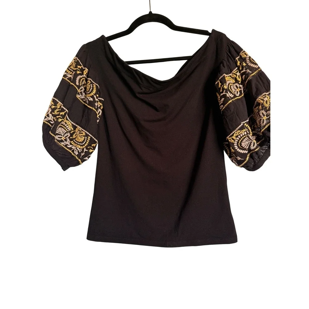 Boho Festival Free People Black Embroidered Puff Sleeve Off Shoulder Top‎ Med